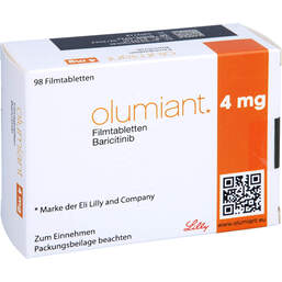 Abbildung: Olumiant 4 mg Filmtabletten 98 St, Filmtabletten PZN 15270053