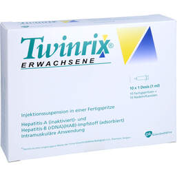 Abbildung: Twinrix Erwachsene Impfdosis Injektionssuspension in einer Fertigspritze 10X1 St, Injektionssuspension PZN 15299542