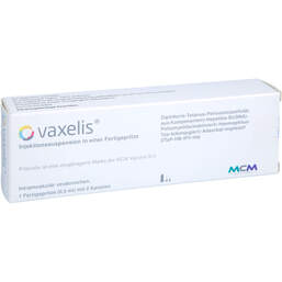 Abbildung: Vaxelis Injektionssuspension in einer Fertigspritze 0.5 ml, Injektionssuspension PZN 15320638