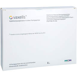 Abbildung: Vaxelis Injektionssuspension in einer Fertigspritze 10X0.5 ml, Injektionssuspension PZN 15320673