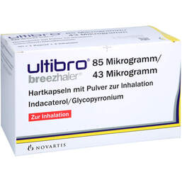 Abbildung: Ultibro Breezhaler 85 µg / 43 µg Hartk.mit Pulver zur Inh. 90 St, Hartkapseln mit Pulver zur Inhalation PZN 15328166
