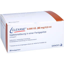 Abbildung: Clexane 8.000 I.E.80mg / 0,8ml Ilo in einer Fertigspritze 20 St, Injektionslösung in einer Fertigspritze PZN 15395033