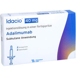 Abbildung: Idacio 40 mg / 0,8 ml Injektion -Lösung in einer Fertigspritze 2 St, Injektionslösung PZN 15396239