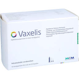 Abbildung: Vaxelis Injektionssuspension in einer Fertigspritze 10X0.5 ml, Injektionssuspension PZN 15398698