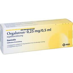Abbildung: Orgalutran 0,25 mg / 0,5 ml Injektionslösung in einer Fertigspritze  1X5 St, Injektionslösung PZN 15404134