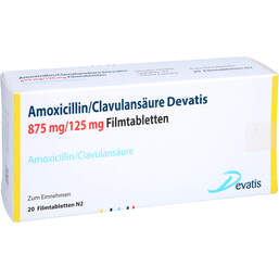 Abbildung: Amoxicillin / Clavulansäure Devatis 875mg / 125mg Fta 20 St, Filmtabletten PZN 15404335