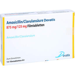 Abbildung: Amoxicillin / Clavulansäure Devatis 875mg / 125mg Fta 14 St, Filmtabletten PZN 15404341