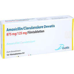 Abbildung: Amoxicillin / Clavulansäure Devatis 875mg / 125mg Fta 10 St, Filmtabletten PZN 15404358