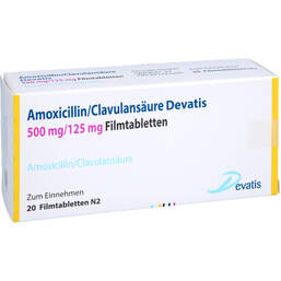 Abbildung: Amoxicillin / Clavulansäure Devatis 500mg / 125mg Fta 20 St, Filmtabletten PZN 15404364