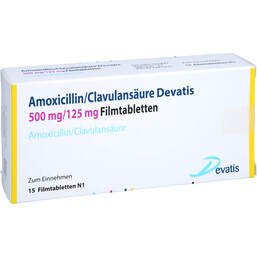 Abbildung: Amoxicillin / Clavulansäure Devatis 500mg / 125mg Fta 15 St, Filmtabletten PZN 15404370