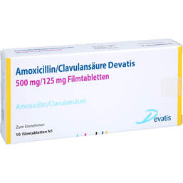 Abbildung: Amoxicillin / Clavulansäure Devatis 500mg / 125mg Fta 10 St, Filmtabletten PZN 15404387