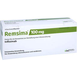 Abbildung: Remsima 100 mg Pulver für einer Konzentration zur Herstellung einer Infusionslösung  4 St, Pulver zur Herstellung eines Infusionslösungskonzentrates PZN 15433880