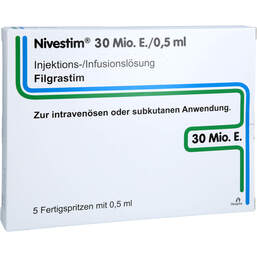 Abbildung: Nivestim 30 Mio.E / 0,5ml Injektion / Infusionslösung in einer Fertigsp. 5 St, Injektions-/Infusionslösung PZN 15433940