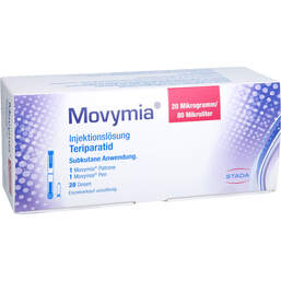 Abbildung: Movymia Pen und 20 µg / 80 µl Injektionslösung 1 St, Injektionslösung PZN 15578851