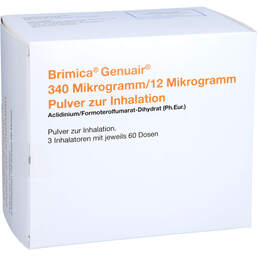 Abbildung: Brimica Genuair 340 µg / 12 µg Pulver zur Inhalation 60ED 3 St, Inhalationspulver PZN 15579916