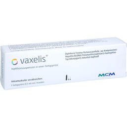 Abbildung: Vaxelis Injektionssuspension in einer Fertigspritze 0.5 ml, Injektionssuspension PZN 15583361