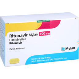 Abbildung: Ritonavir Mylan 100 mg Filmtabletten 90 St, Filmtabletten PZN 15587330