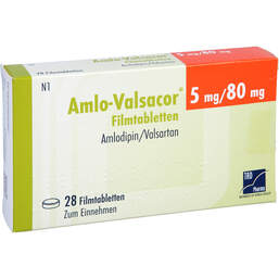 Abbildung: Amlo-Valsacor 5 mg / 80 mg Filmtabletten 28 St, Filmtabletten PZN 15610750