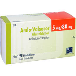 Abbildung: Amlo-Valsacor 5 mg / 80 mg Filmtabletten 98 St, Filmtabletten PZN 15610773