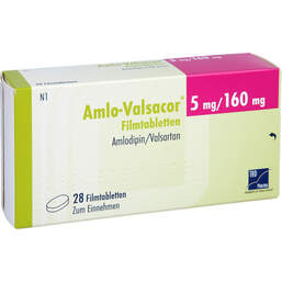 Abbildung: Amlo-Valsacor 5 mg / 160 mg Filmtabletten 28 St, Filmtabletten PZN 15610804