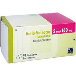 Abbildung: Amlo-Valsacor 5 mg / 160 mg Filmtabletten 98 St, Filmtabletten PZN 15610827