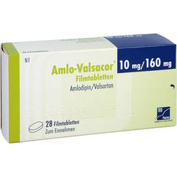 Abbildung: Amlo-Valsacor 10 mg / 160 mg Filmtabletten 28 St, Filmtabletten PZN 15610856