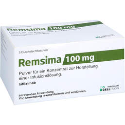Abbildung: Remsima 100 mg Pulver für einer Konzentration zur Herstellung einer Infusionslösung  5 St, Pulver zur Herstellung eines Infusionslösungskonzentrates PZN 15617284