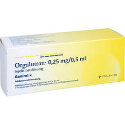 Abbildung: Orgalutran 0,25 mg / 0,5 ml Injektionslösung in einer Fertigspritze  5 St, Injektionslösung PZN 15619780