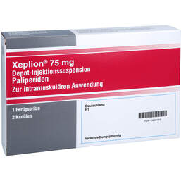 Abbildung: Xeplion 75 mg Depot-Injektionssuspension in einer Fertigspritze  1 St, Depot-Injektionssuspension PZN 15620145