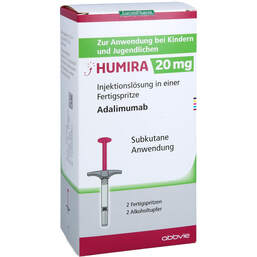 Abbildung: Humira 20 mg / 0,2 ml Injektionslösung in Fertigspritze  2 St, Injektionslösung PZN 15621363