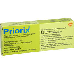 Abbildung: Priorix Masern Mumps Röteln P.und LM H.Injektionslösung i.e.FS. 1X1 St, Pulver u. Lösungsmittel zur Herstellung einer Injektionslsg. PZN 15629732