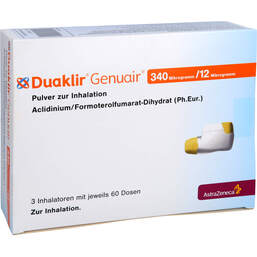 Abbildung: Duaklir Genuair 340 µg / 12 µg Pulver zur Inhalation 60ED 3 St, Inhalationspulver PZN 15634213
