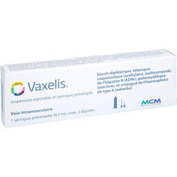 Abbildung: Vaxelis Injektionssuspension in einer Fertigspritze 0.5 ml, Injektionssuspension PZN 15636175