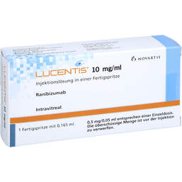 Abbildung: Lucentis 10 mg / ml Injektionslösung 1,65 mg Fertigspritze 1 St, Injektionslösung PZN 15637803