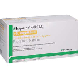 Abbildung: Hepaxane 4.000 I.E. 40 mg / 0,4 ml Injektionslösung F-Spr. 50 St, Injektionslösung in einer Fertigspritze PZN 15637944
