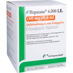 Abbildung: Hepaxane 6.000 I.E. 60 mg / 0,6 ml Injektionslösung F-Spr. 20 St, Injektionslösung in einer Fertigspritze PZN 15637967