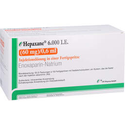 Abbildung: Hepaxane 6.000 I.E. 60 mg / 0,6 ml Injektionslösung F-Spr. 50 St, Injektionslösung in einer Fertigspritze PZN 15637996
