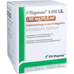 Abbildung: Hepaxane 8.000 I.E. 80 mg / 0,8 ml Injektionslösung F-Spr. 20 St, Injektionslösung in einer Fertigspritze PZN 15638010