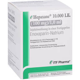 Abbildung: Hepaxane 10.000 I.E. 100 mg / 1,0 ml Injektionslösung F-Spr. 20 St, Injektionslösung in einer Fertigspritze PZN 15638062