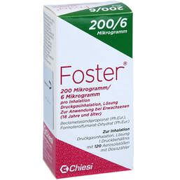 Abbildung: Foster 200 / 6 µg 120 Hub Dosieraerosol 1 St, Dosieraerosol PZN 15746797