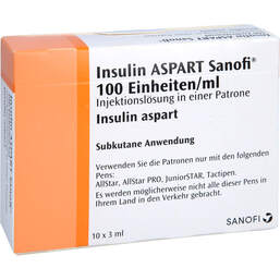 Abbildung: Insulin Aspart Sanofi 100 E / ml Ilo i.e.Patrone 10X3 ml, Injektionslösung PZN 15747176