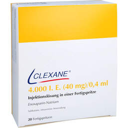 Abbildung: Clexane 4.000 I.E. 40mg / 0,4ml Ilo in einer Fertigspritze 20 St, Injektionslösung in einer Fertigspritze PZN 15814866