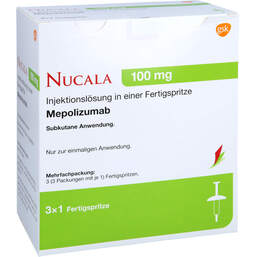 Abbildung: Nucala 100 mg Injektionslösung in einer Fertigspritze 3X1 ml, Injektionslösung PZN 15815877