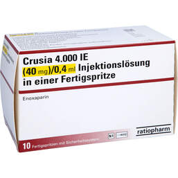 Abbildung: Crusia 4.000 I.E. 40 mg / 0,4 ml Ilo F.Sp. + Sich-System 10 St, Injektionslösung in einer Fertigspritze PZN 15861736