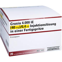 Abbildung: Crusia 4.000 I.E. 40 mg / 0,4 ml Ilo F.Sp. + Sich-System 20 St, Injektionslösung in einer Fertigspritze PZN 15861742