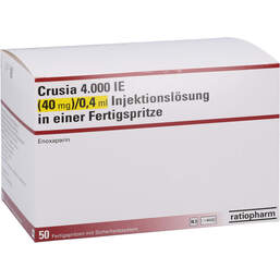 Abbildung: Crusia 4.000 I.E. 40 mg / 0,4 ml Ilo F.Sp. + Sich-System 50 St, Injektionslösung in einer Fertigspritze PZN 15861759