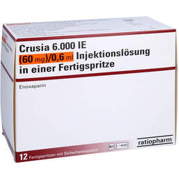 Abbildung: Crusia 6.000 I.E. 60 mg / 0,6 ml Ilo F.Sp. + Sich-System 12 St, Injektionslösung in einer Fertigspritze PZN 15861802