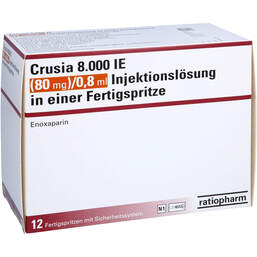 Abbildung: Crusia 8.000 I.E. 80 mg / 0,8 ml Ilo F.Sp. + Sich-System 12 St, Injektionslösung in einer Fertigspritze PZN 15861854