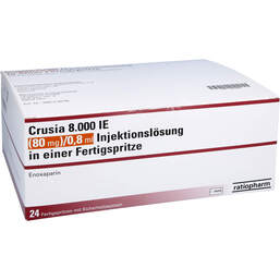Abbildung: Crusia 8.000 I.E. 80 mg / 0,8 ml Ilo F.Sp. + Sich-System 24 St, Injektionslösung in einer Fertigspritze PZN 15861860