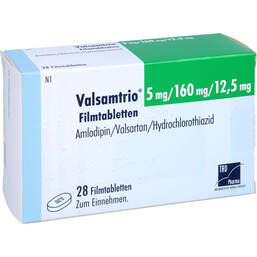 Abbildung: Valsamtrio 5 mg / 160 mg / 12,5 mg Filmtabletten 28 St, Filmtabletten PZN 15865214